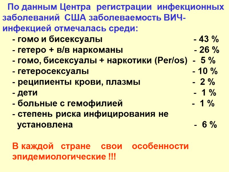 По данным Центра  регистрации  инфекционных  заболеваний  США заболеваемость ВИЧ-инфекцией отмечалась